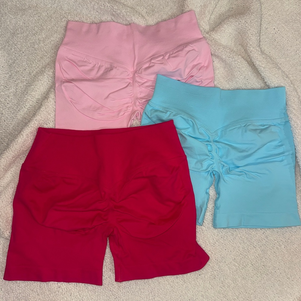 Set of Three Scrunch Shorts in Pink, Red, and Blue